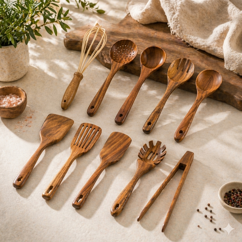 10-Piece Set of Teak Wood Kitchen Utensils