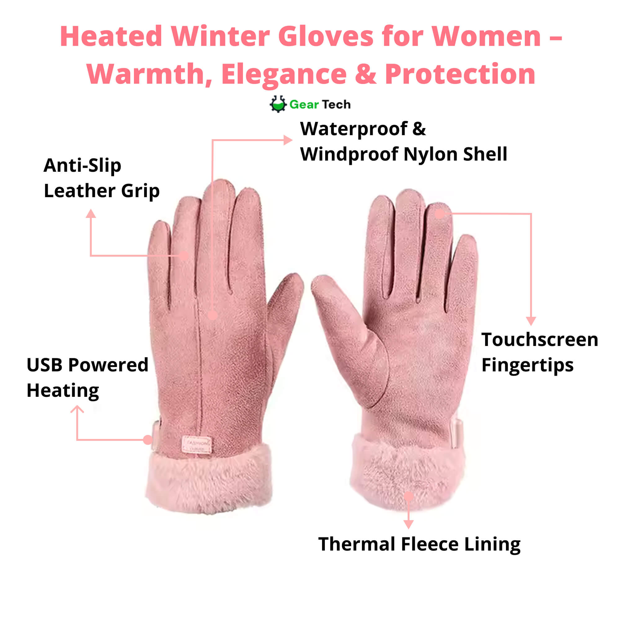 Touchscreen Waterproof Heated Gloves for Women, USB Rechargeable
