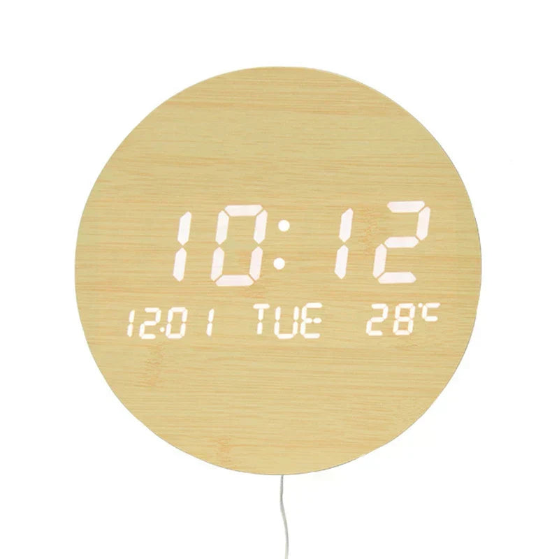 Wooden Desk Clock with LED Display and Alarm Function