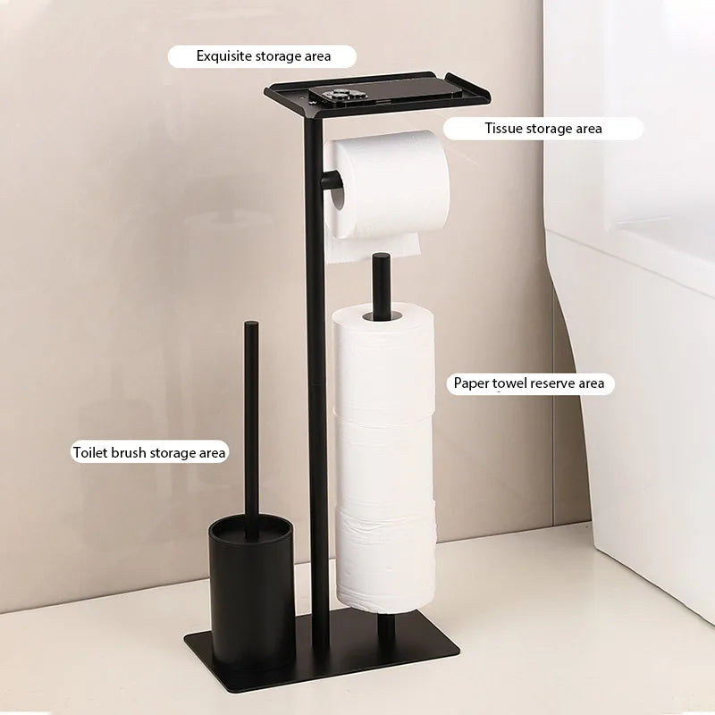 Toilet Paper Holder with Brush and Storage Shelf