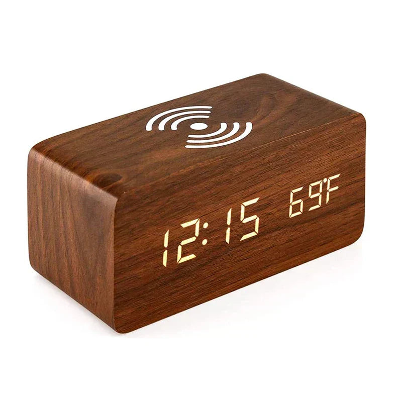 Wooden Alarm Clock with LED Display, Date and Temperature Features