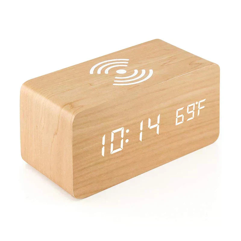 Wooden Alarm Clock with LED Display, Date and Temperature Features