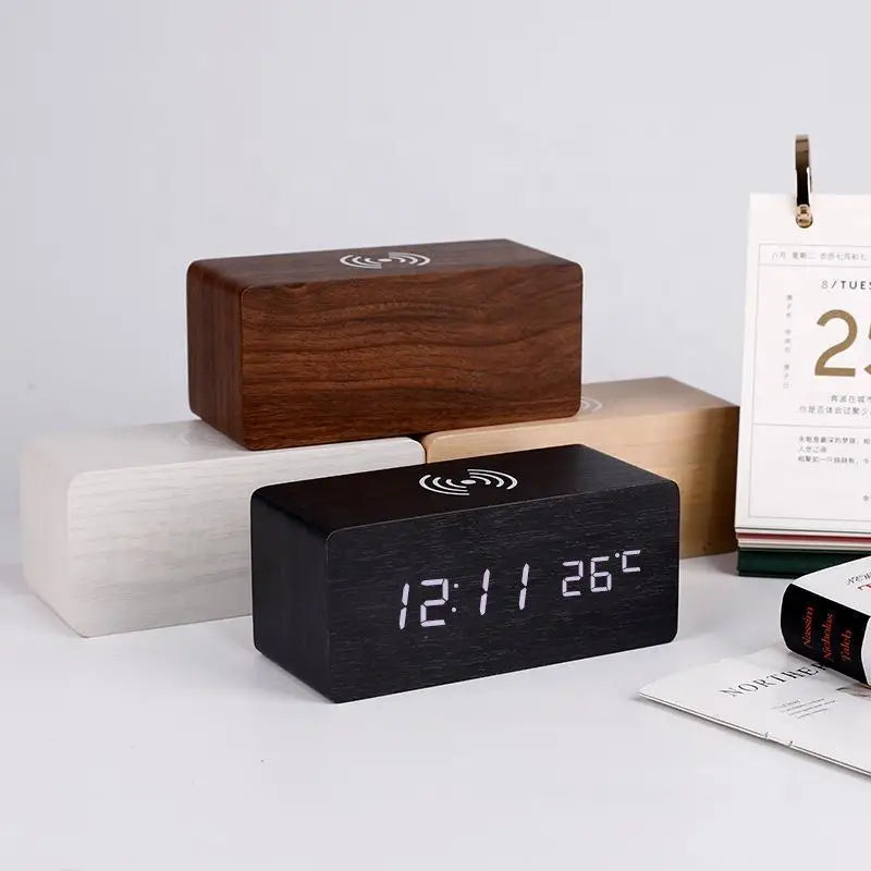 Wooden Alarm Clock with LED Display, Date and Temperature Features