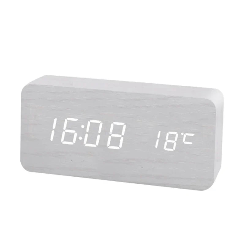 Wooden Alarm Clock with LED Display, Date and Temperature Features