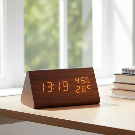 Wooden Look LED Alarm Clock with 3 Alarms & Temperature Display
