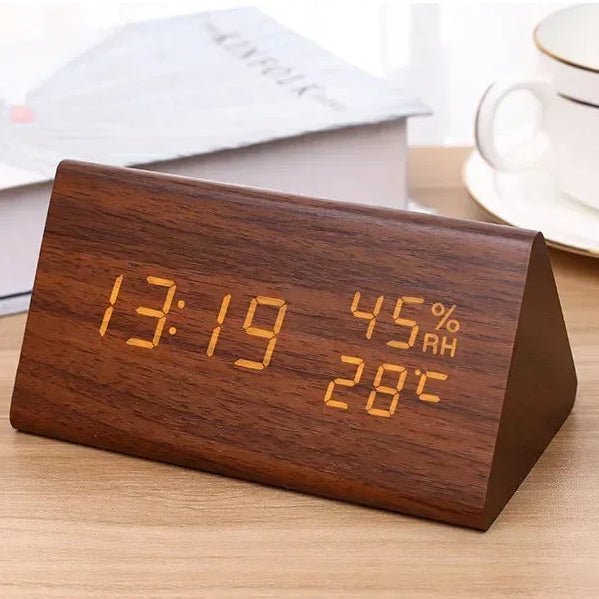 Wooden Look LED Alarm Clock with 3 Alarms & Temperature Display