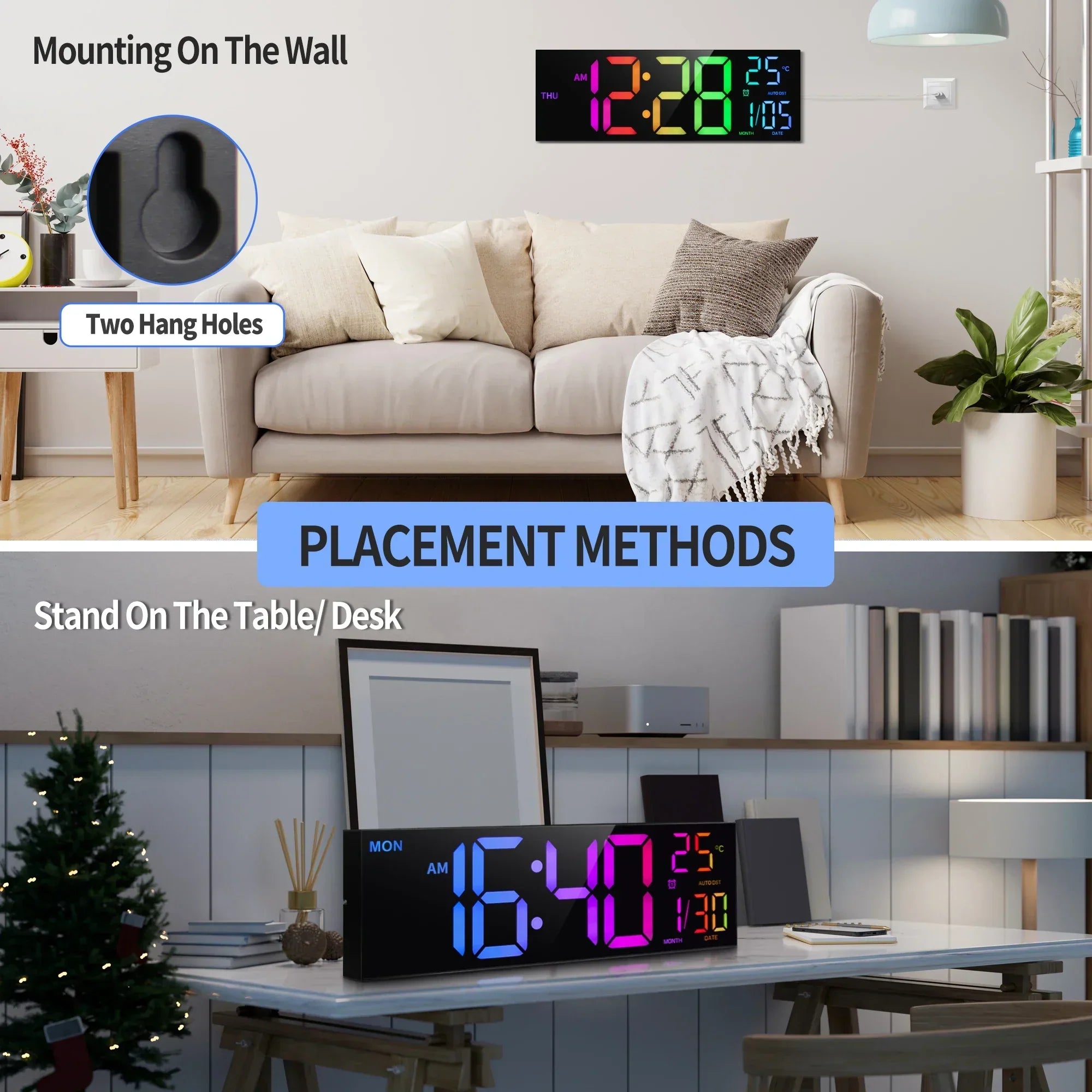 Large LED Digital Wall Clock with RGB Display and Remote Control