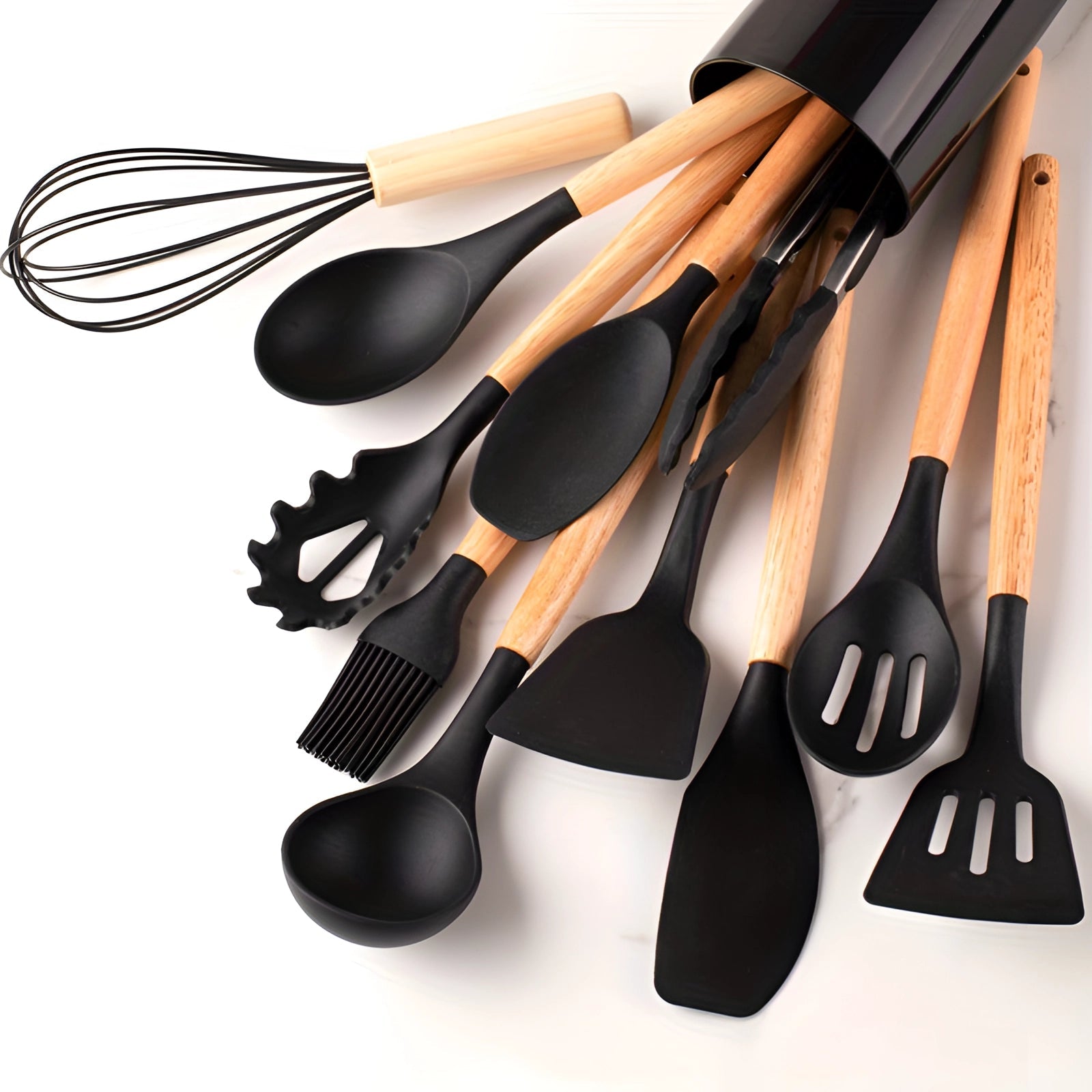 Twelve-Piece Silicone Kitchen Utensil Set with Bamboo Grips