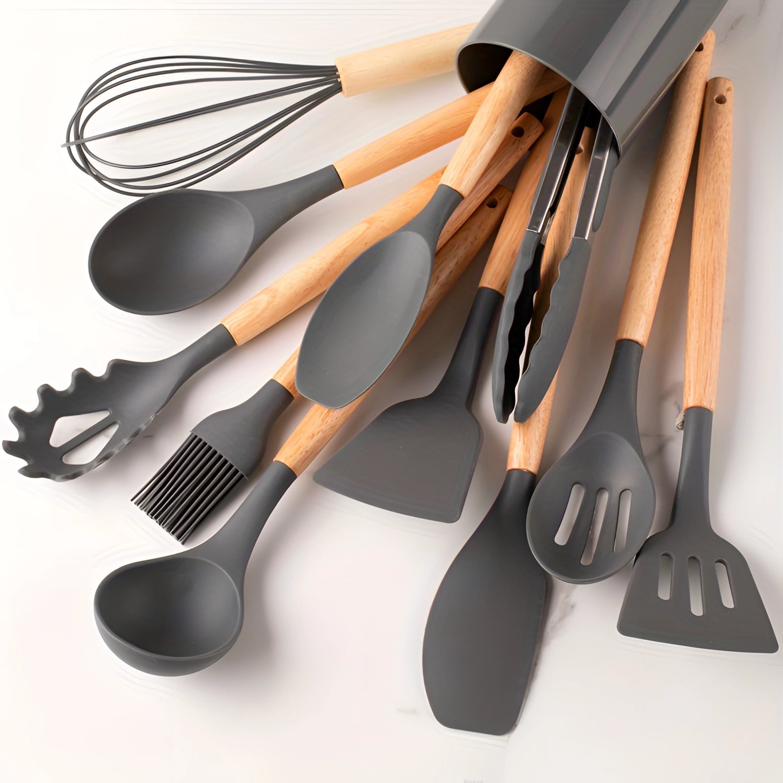 Twelve-Piece Silicone Kitchen Utensil Set with Bamboo Grips