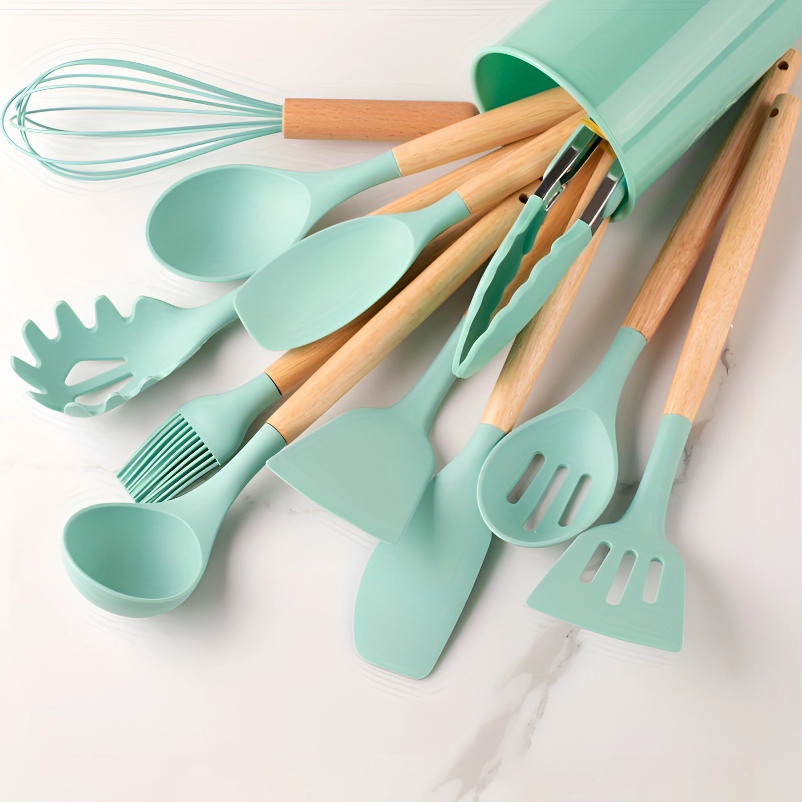 Twelve-Piece Silicone Kitchen Utensil Set with Bamboo Grips