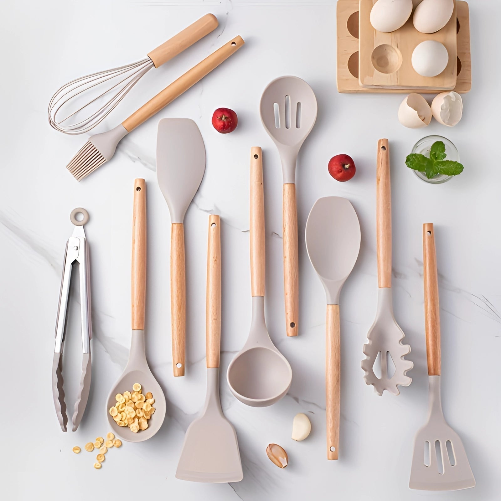 Twelve-Piece Silicone Kitchen Utensil Set with Bamboo Grips