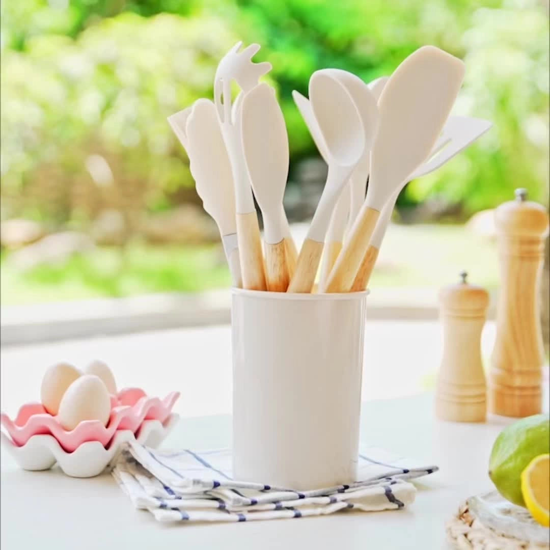Twelve-Piece Silicone Kitchen Utensil Set with Bamboo Grips