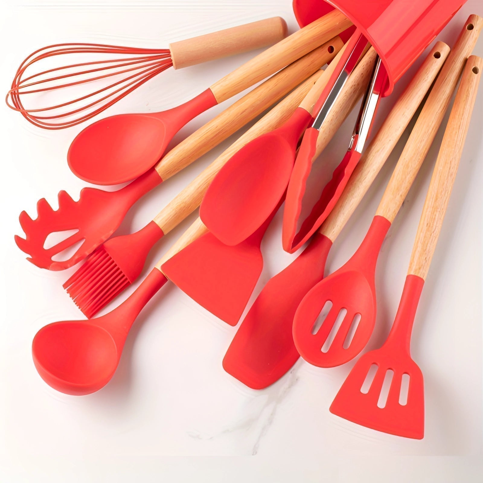 Twelve-Piece Silicone Kitchen Utensil Set with Bamboo Grips