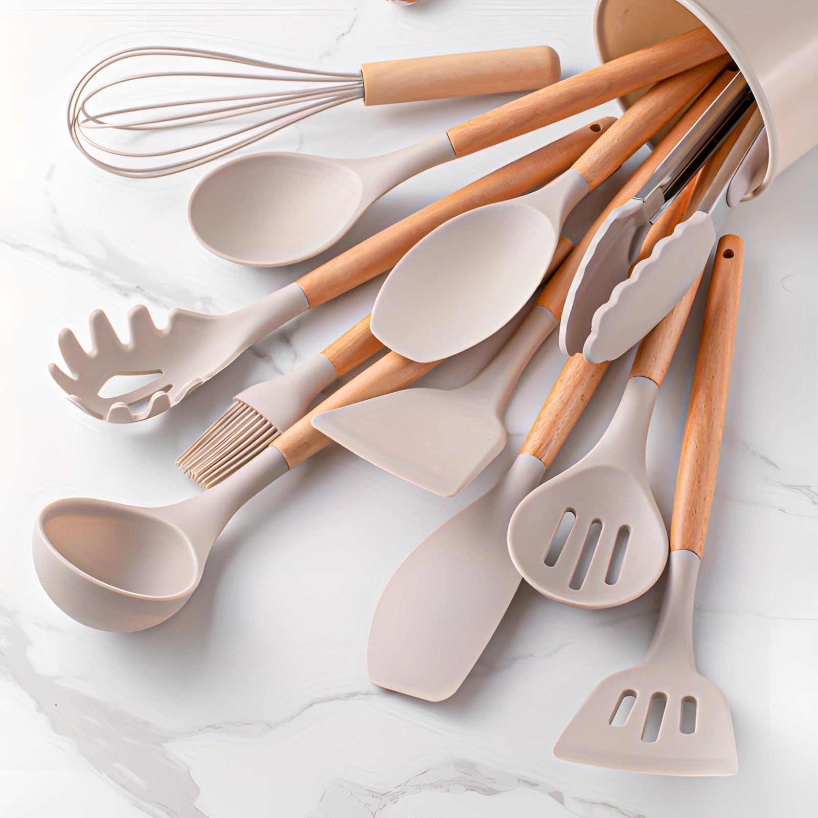 Twelve-Piece Silicone Kitchen Utensil Set with Bamboo Grips