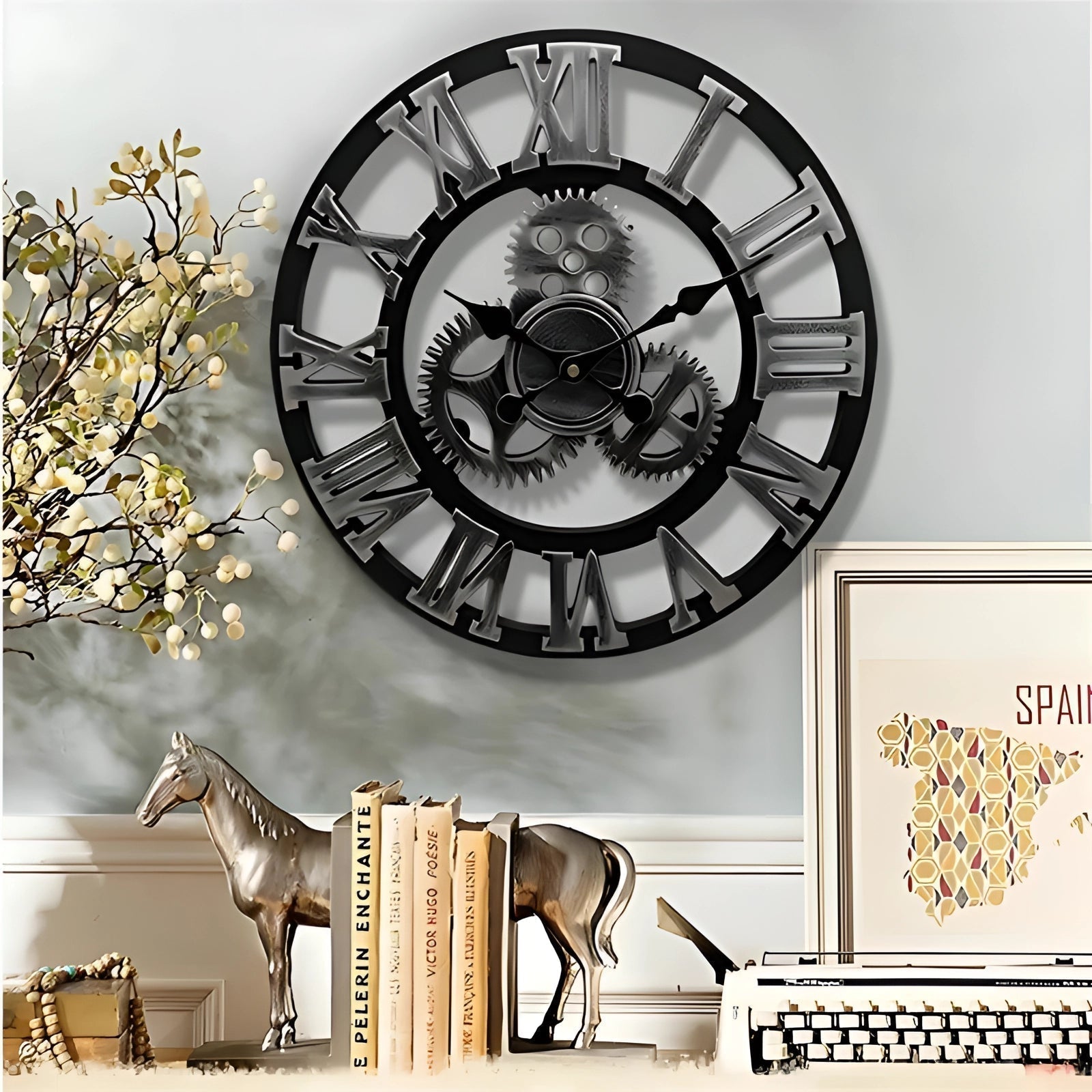 Steampunk Black Metal Wall Clock with Oversized Roman Numerals