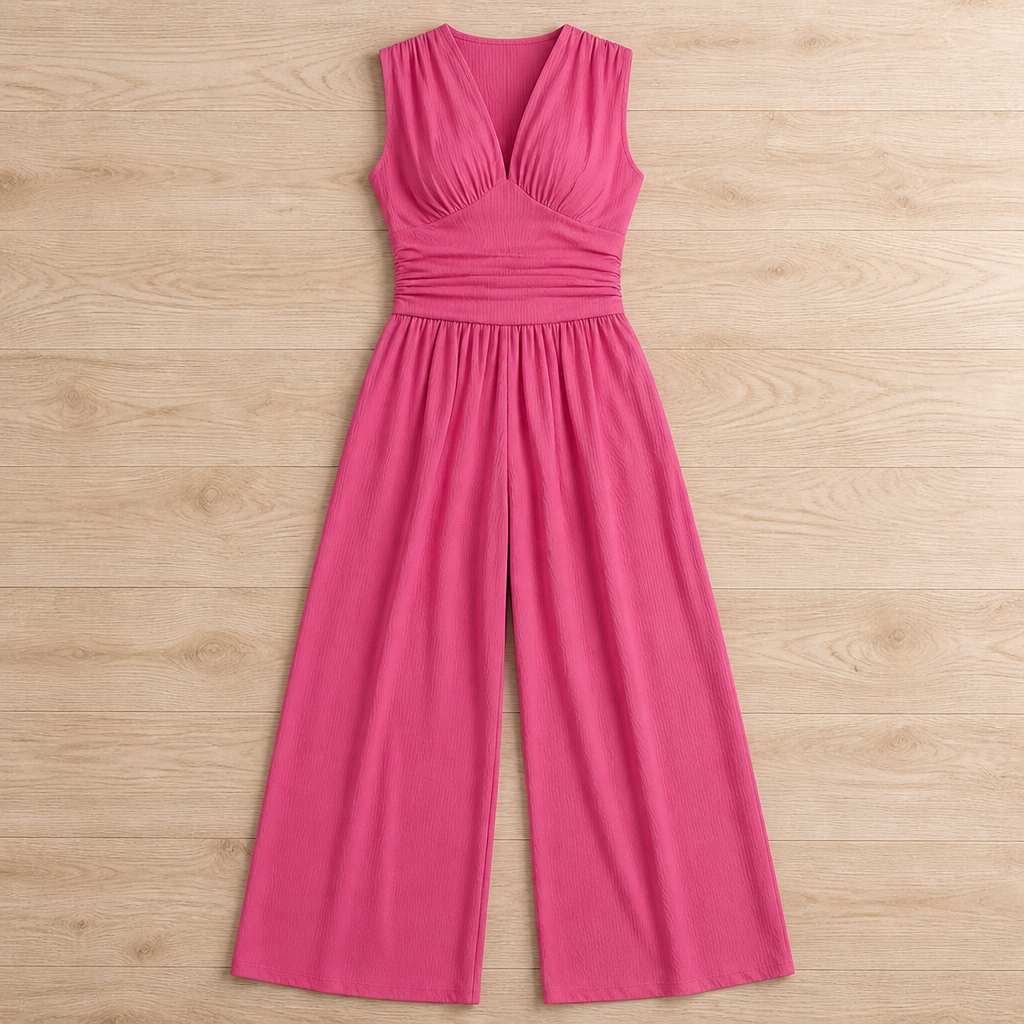 Verisse™ – Flowy Wide-Leg Jumpsuit with Ruched Waist and Deep V-Neck