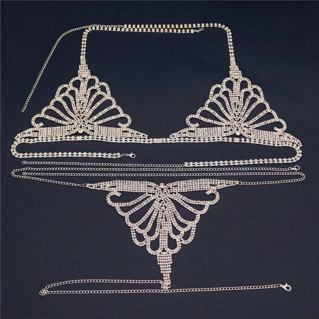 CelestiShine™ – Crystal Rhinestone Body Chain Lingerie Set with Butterfly Thong