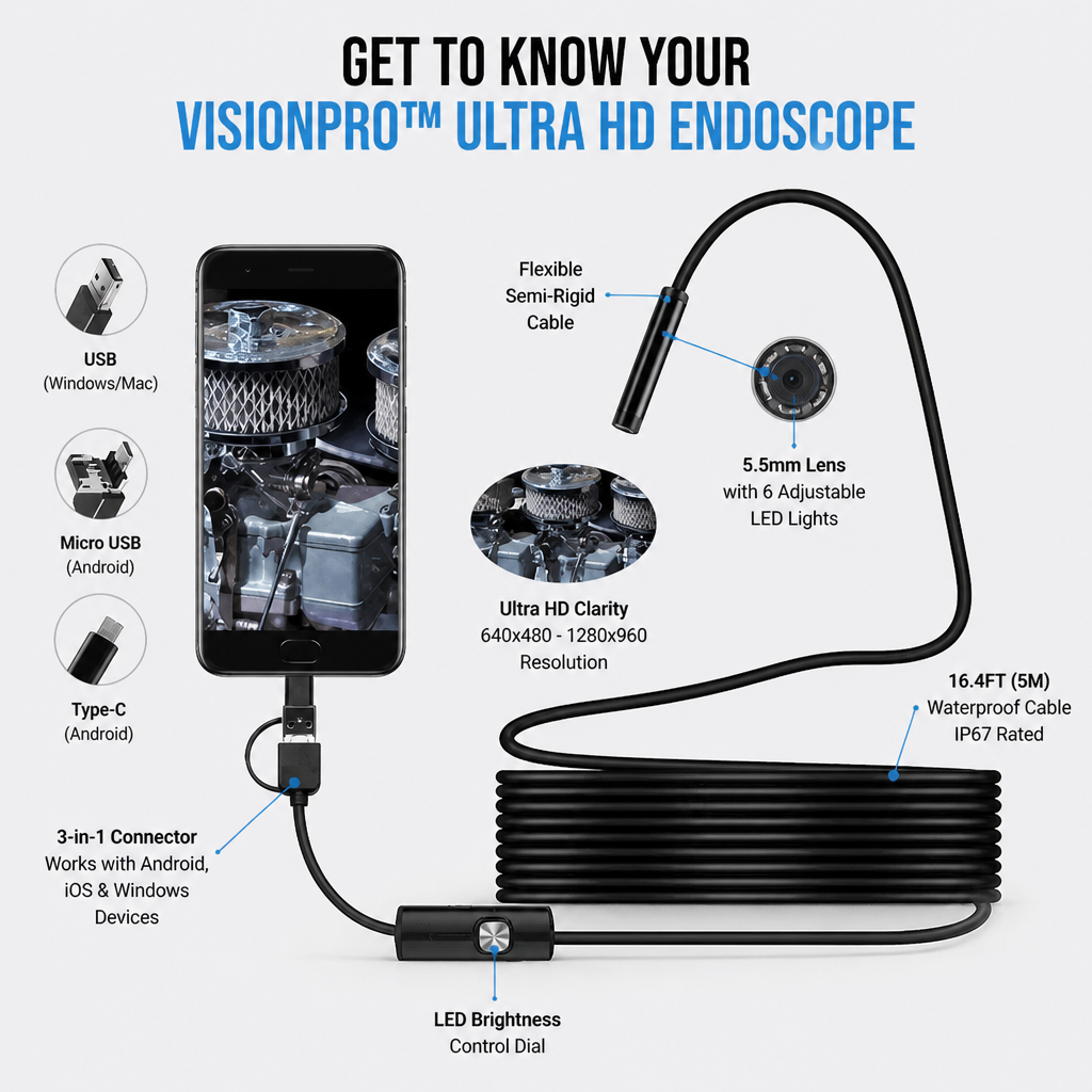 VisionPro™ Ultra HD Waterproof Endoscope — Spot Every Hidden Flaw with Rock-Solid Clarity and Durability