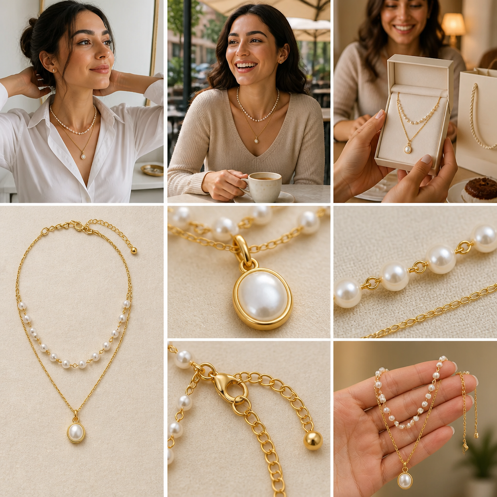 LuminaLuxe™ – Dainty Layered Pearl Necklace with 18k Gold-Plated Chain