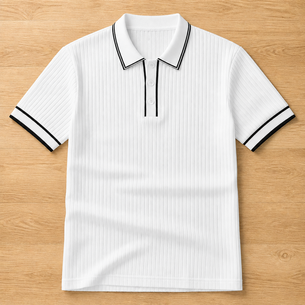 VeroStride™ – Retro Ribbed-Knit Polo with Contrast Tipped Collar