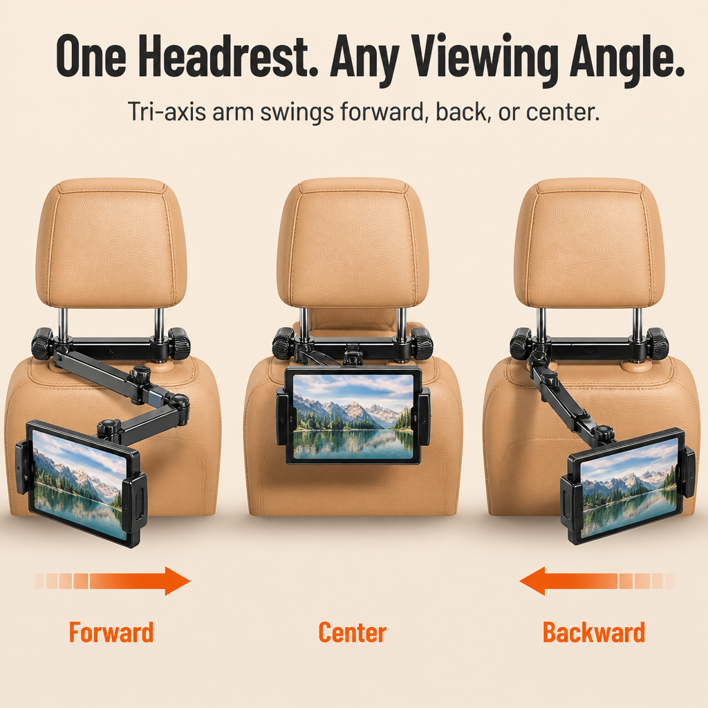 RoadEase™ — Mount Your Tablet Dead-Center Between Both Headrests for Strain-Free Backseat Viewing