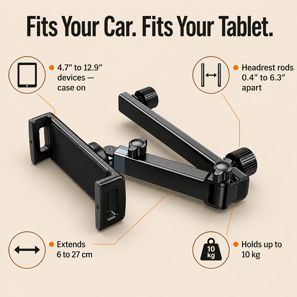RoadEase™ — Mount Your Tablet Dead-Center Between Both Headrests for Strain-Free Backseat Viewing