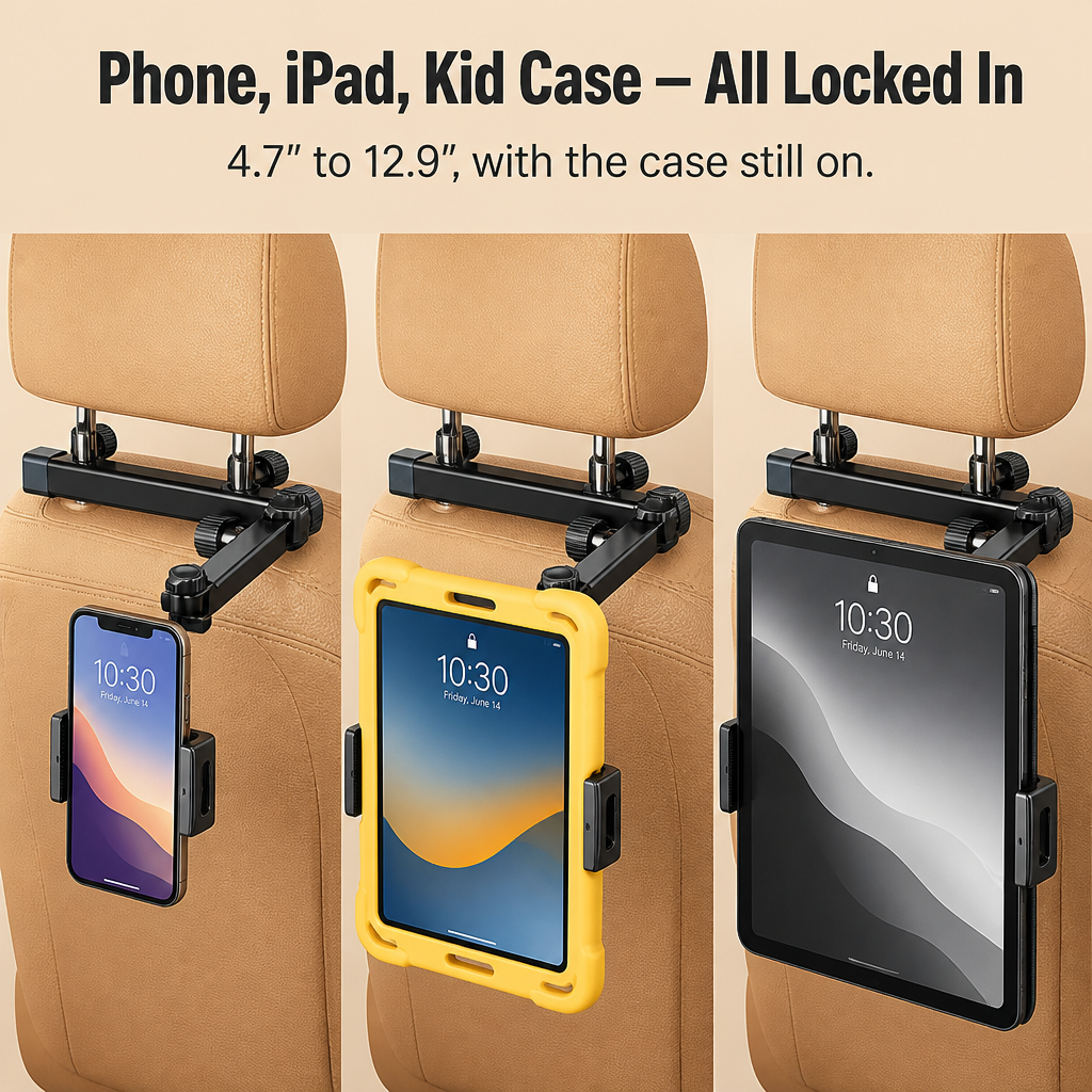 RoadEase™ — Mount Your Tablet Dead-Center Between Both Headrests for Strain-Free Backseat Viewing