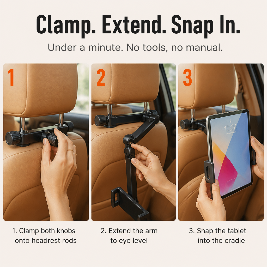 RoadEase™ — Mount Your Tablet Dead-Center Between Both Headrests for Strain-Free Backseat Viewing