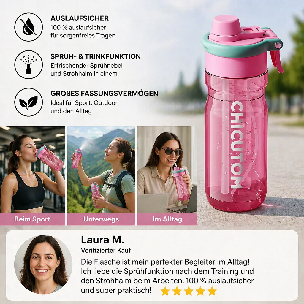 Sports Water Bottle with Spray Function and Straw