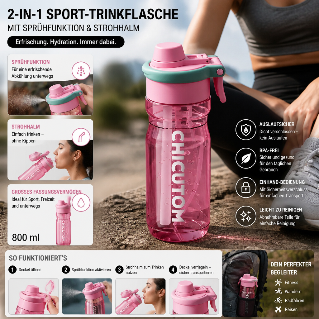 Sports Water Bottle with Spray Function and Straw
