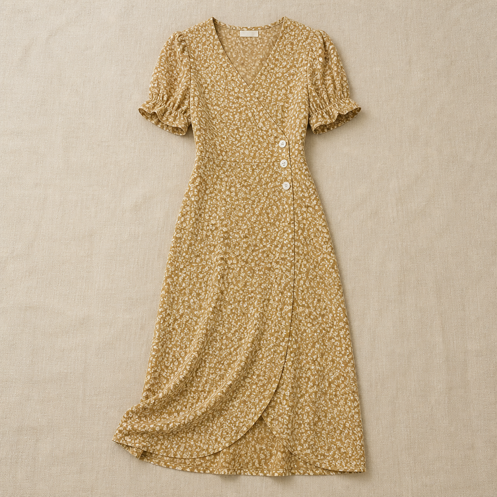 SeraphineAura™ – Ditsy Floral Wrap Midi Dress with Ruched Tulip Hem