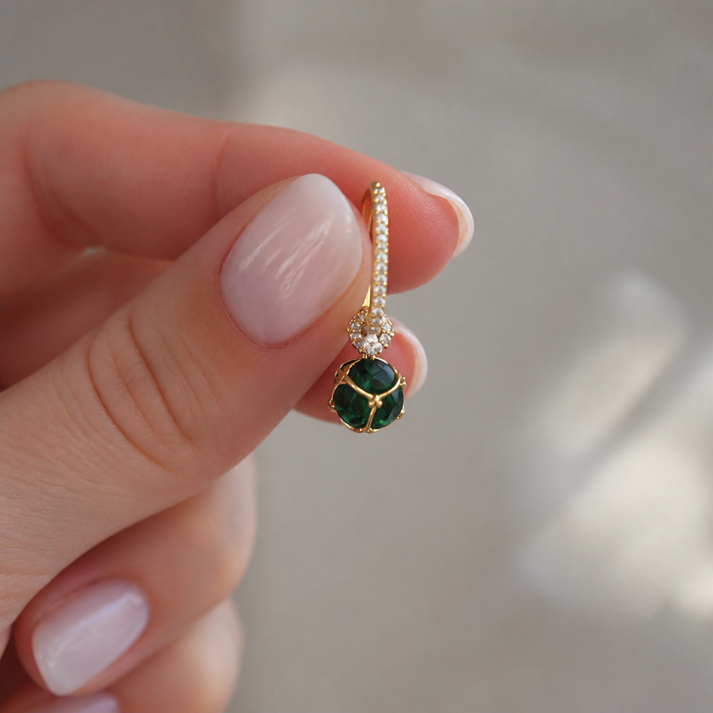 SolaraLuxe™ – Pavé Gold Hoop Earrings with Emerald Crystal Drop