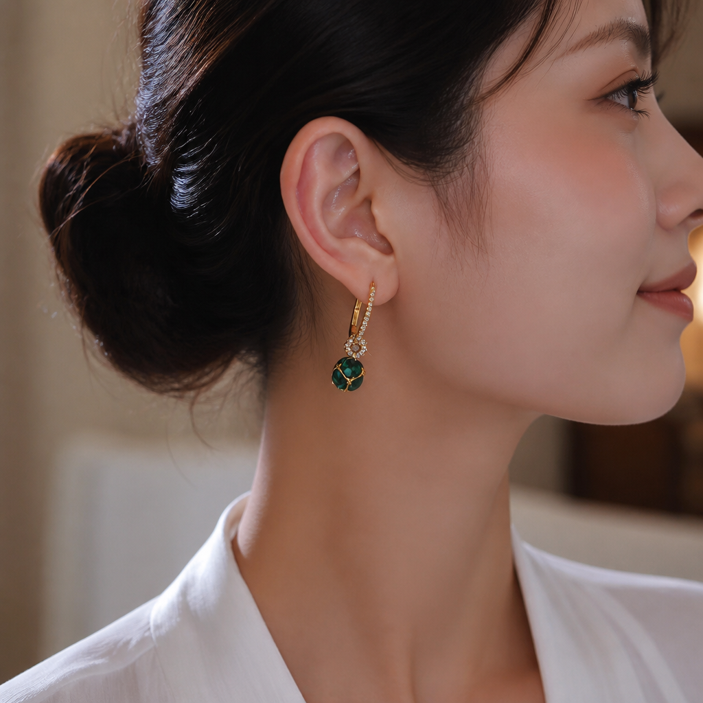 SolaraLuxe™ – Pavé Gold Hoop Earrings with Emerald Crystal Drop