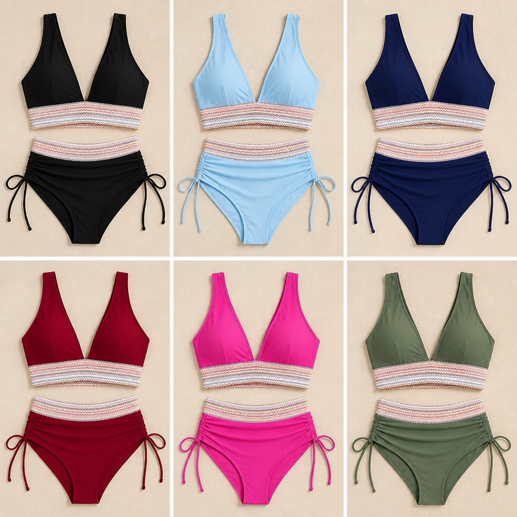 CurveCraft™ – High-Waist Tummy-Smoothing Bikini Set with Ruched Drawstring Bottom