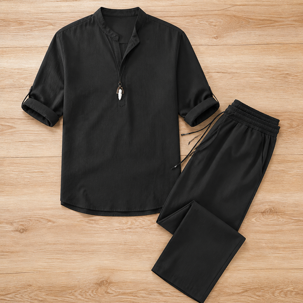 BreezyLife™ – Breathable Cotton-Blend Summer Shirt & Drawstring Pants Set