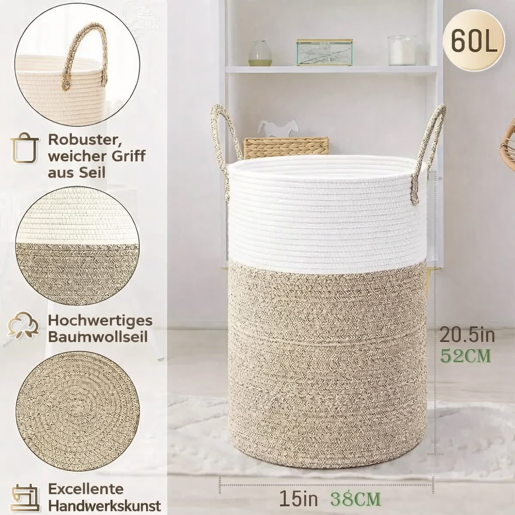 Collapsible Cotton Basket | 60L Laundry Hamper | Trendy Storage | RopeBasket