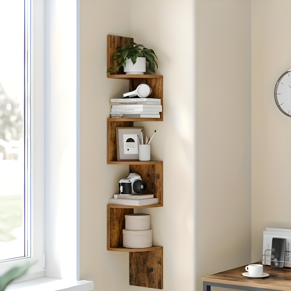 Corner Shelf 5 Tiers | Zigzag Style with Shelves | Space-Saving Corner Fit | CornerZig