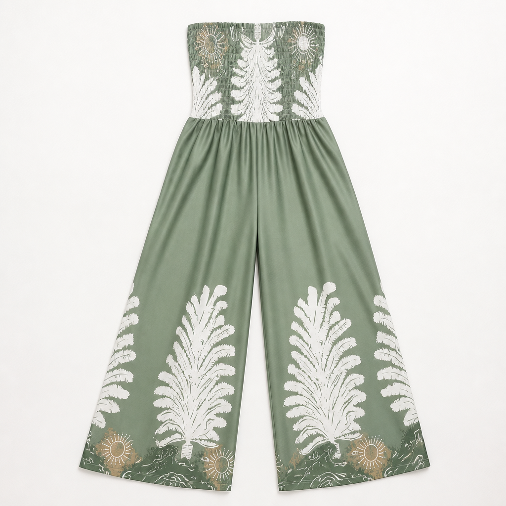 SolaraBreeze™ – Tropical Palm Print Strapless Palazzo Jumpsuit