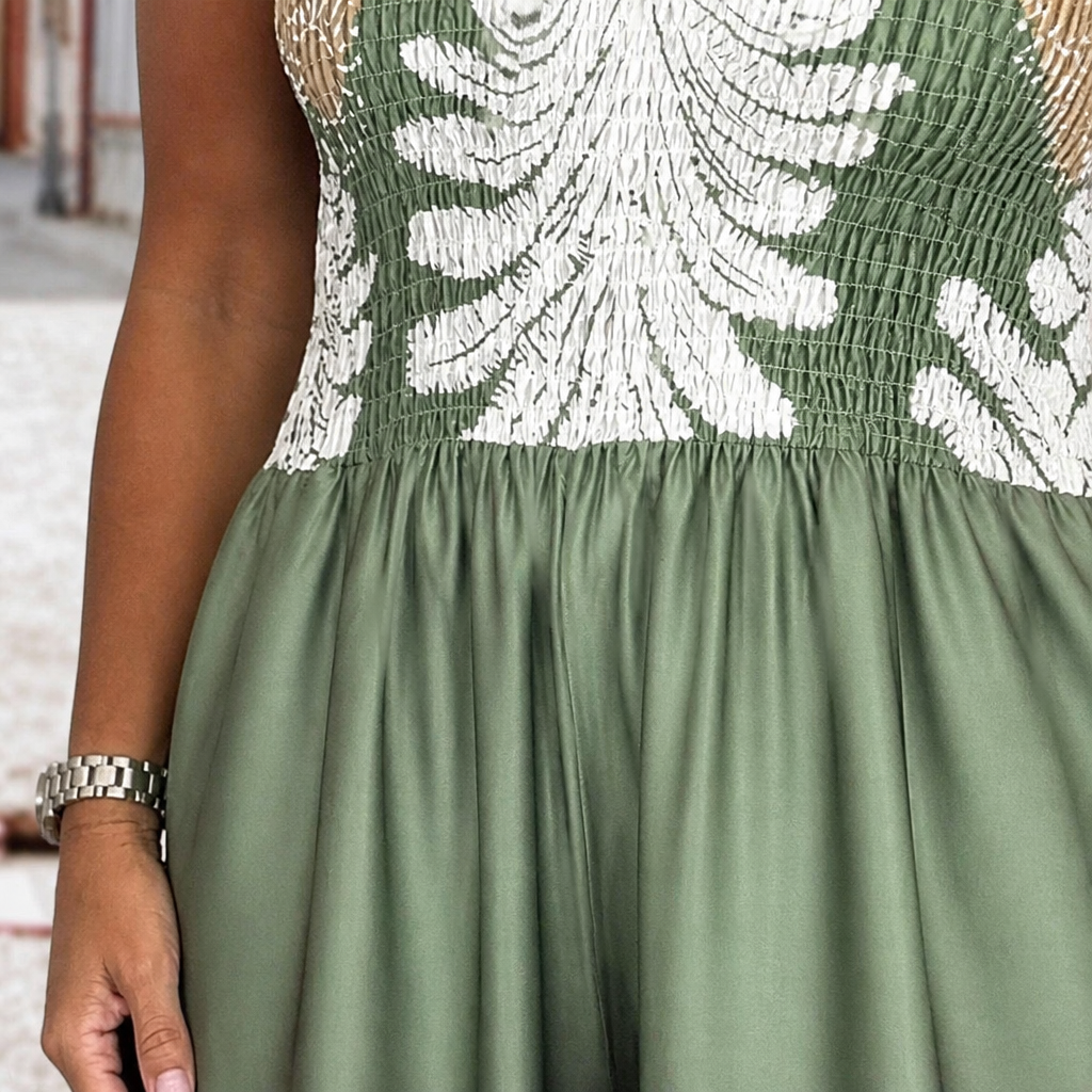 SolaraBreeze™ – Tropical Palm Print Strapless Palazzo Jumpsuit