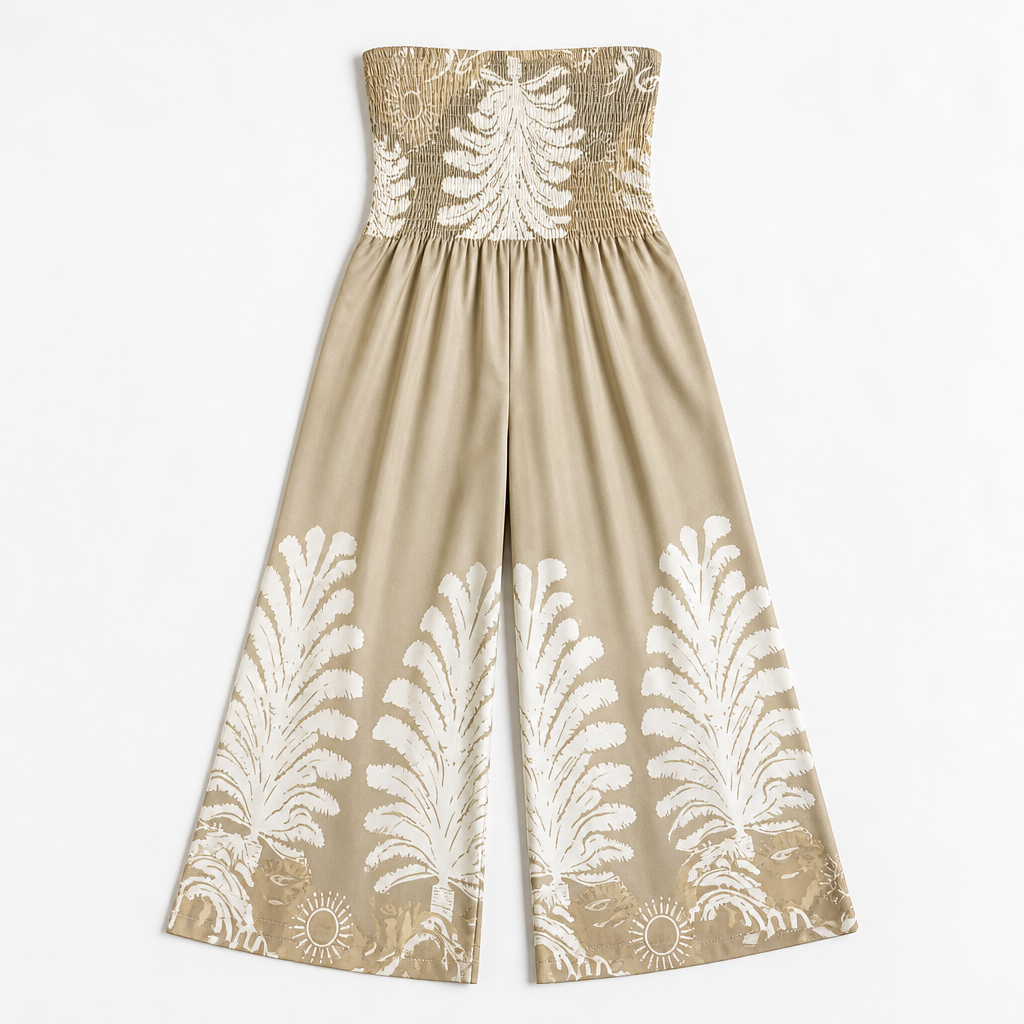 SolaraBreeze™ – Tropical Palm Print Strapless Palazzo Jumpsuit