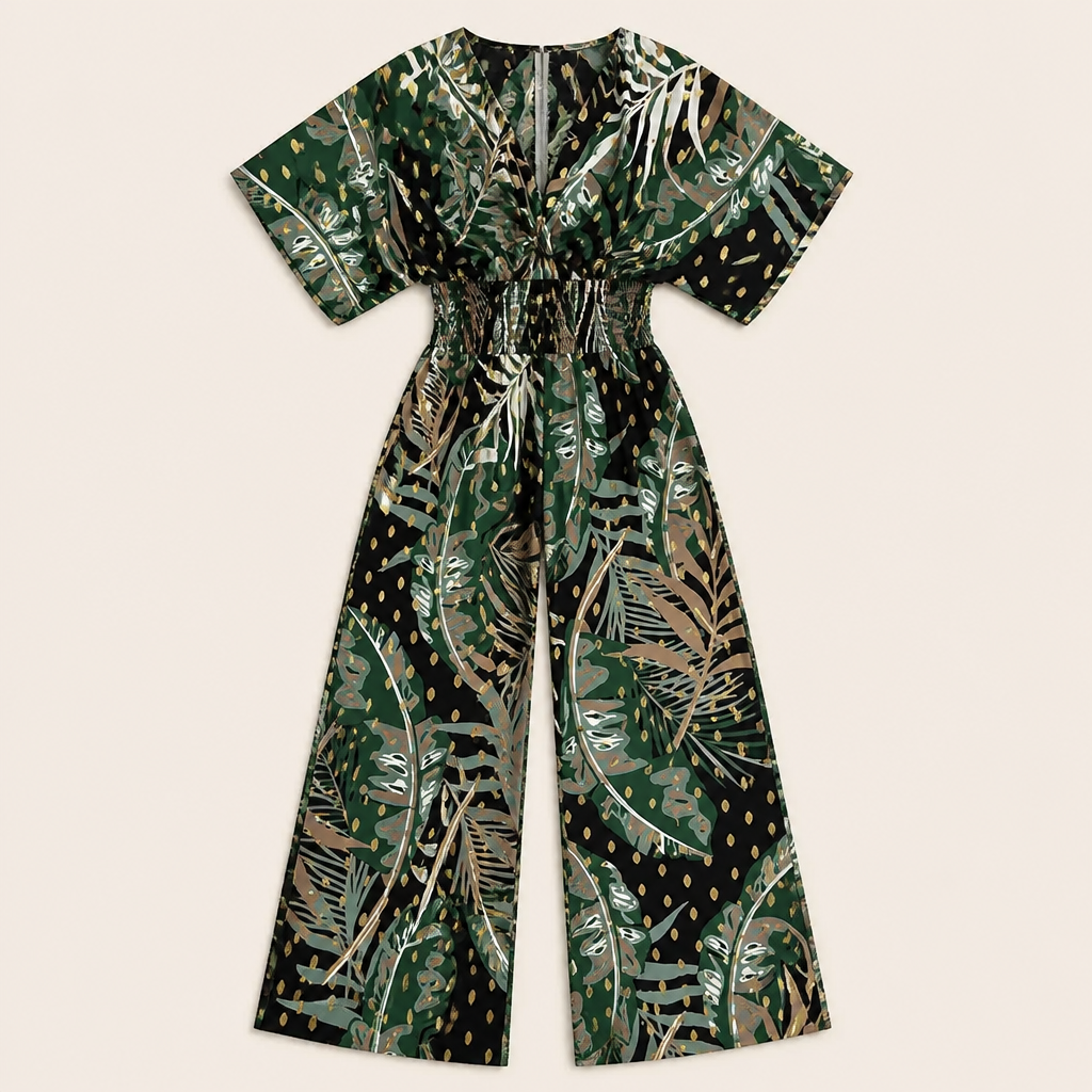 SerenaSculpt™ – Tropical Print V-Neck Wide-Leg Jumpsuit with Smocked Waist