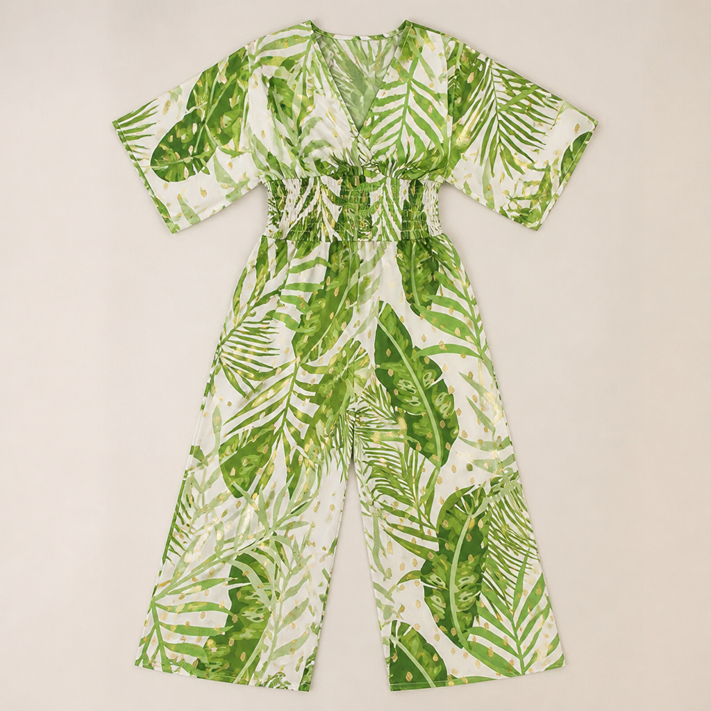 SerenaSculpt™ – Tropical Print V-Neck Wide-Leg Jumpsuit with Smocked Waist