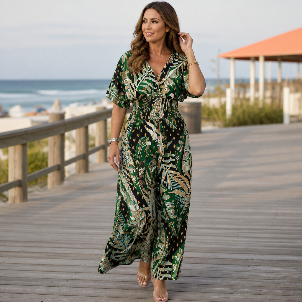 SerenaSculpt™ – Tropical Print V-Neck Wide-Leg Jumpsuit with Smocked Waist