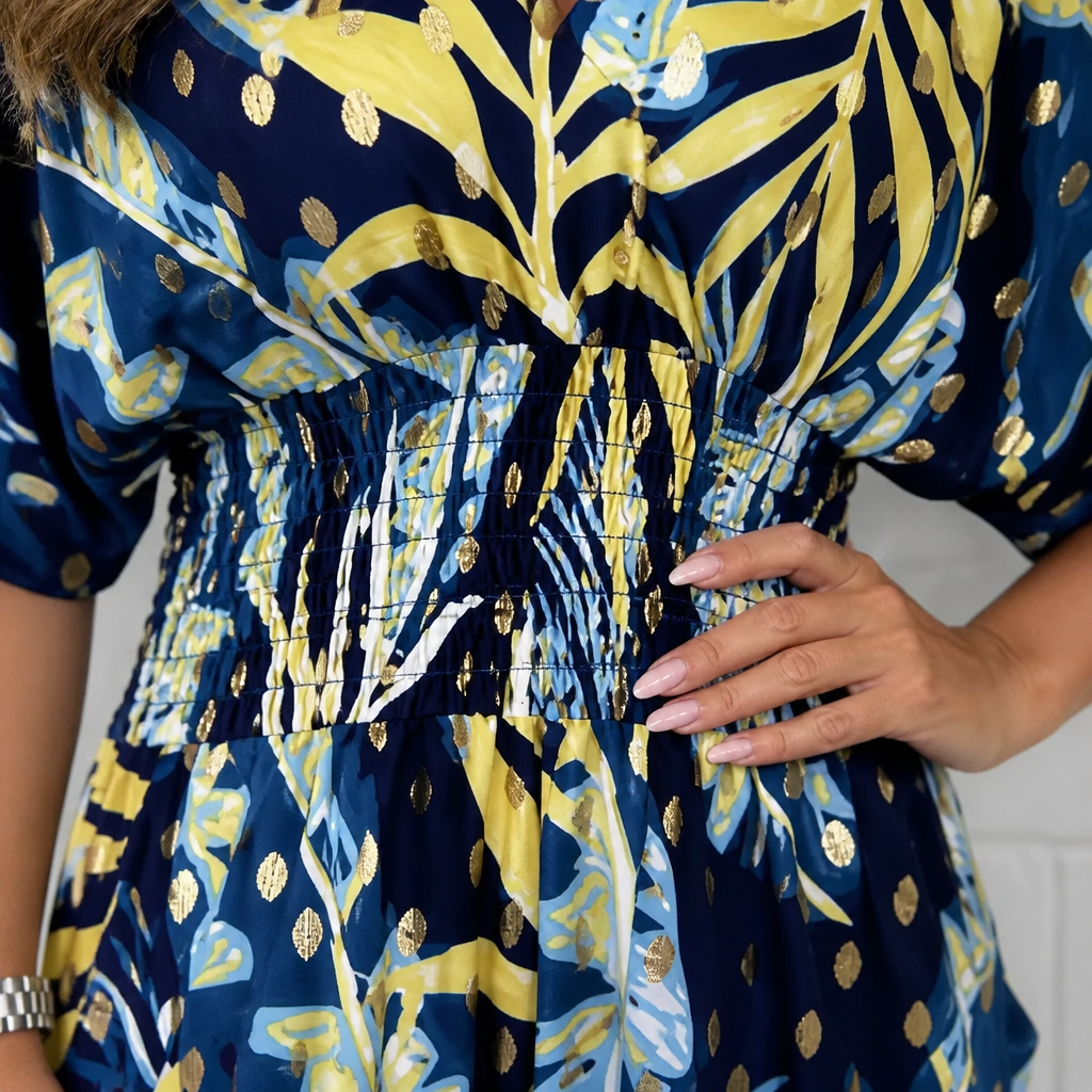 SerenaSculpt™ – Tropical Print V-Neck Wide-Leg Jumpsuit with Smocked Waist