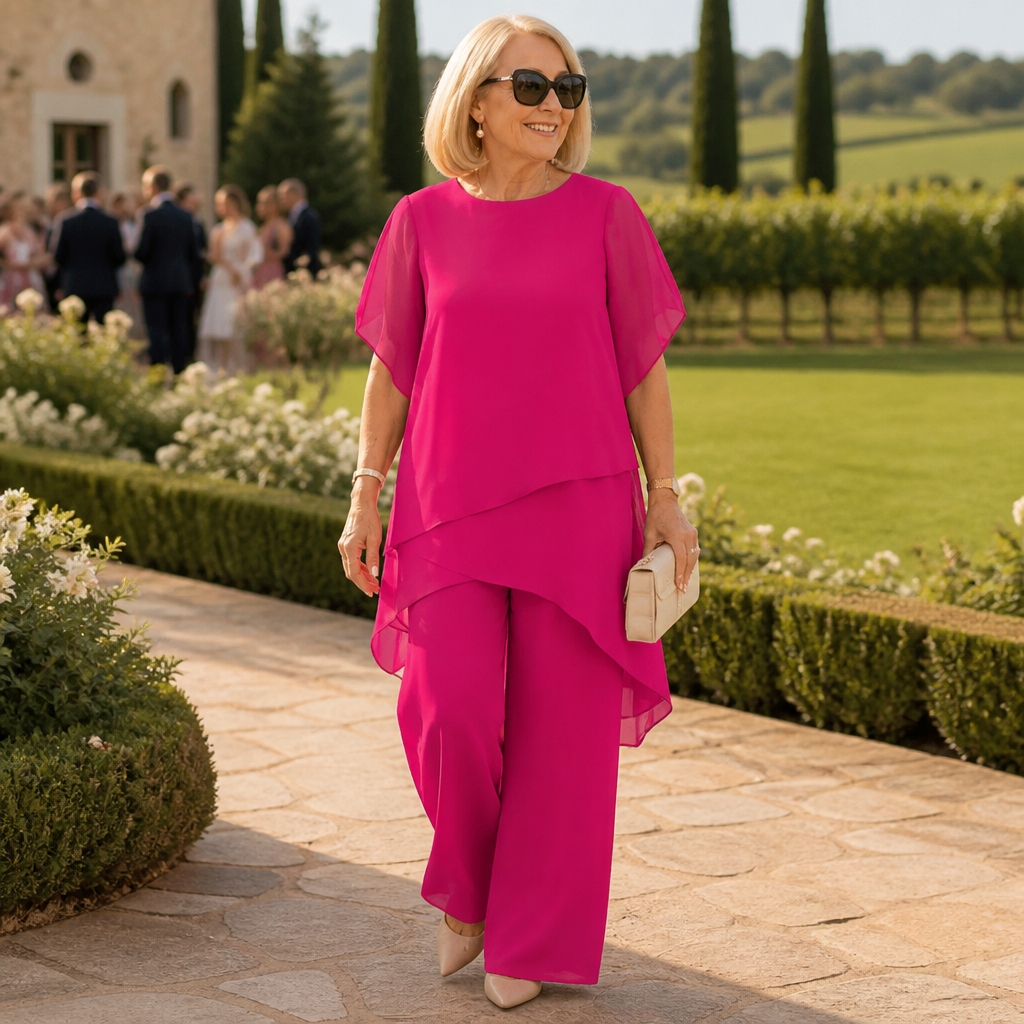 SerenLuxe™ – Elegant Chiffon Two-Piece Set with Asymmetric Layered Top