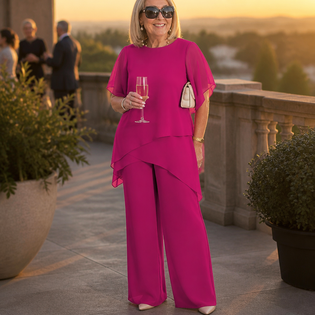 SerenLuxe™ – Elegant Chiffon Two-Piece Set with Asymmetric Layered Top