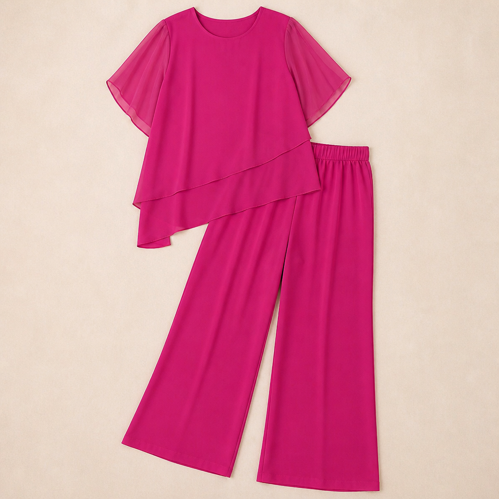 SerenLuxe™ – Elegant Chiffon Two-Piece Set with Asymmetric Layered Top