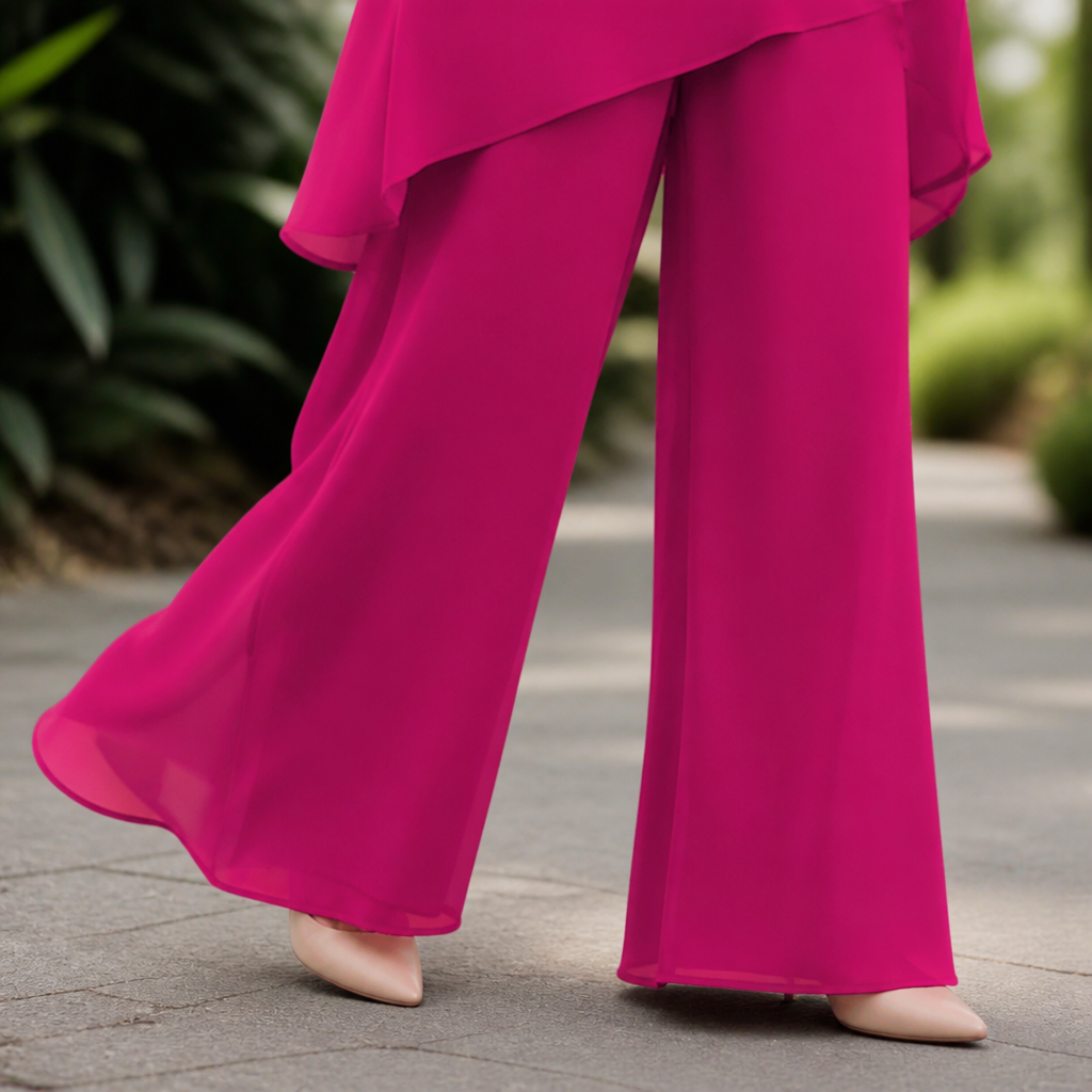 SerenLuxe™ – Elegant Chiffon Two-Piece Set with Asymmetric Layered Top