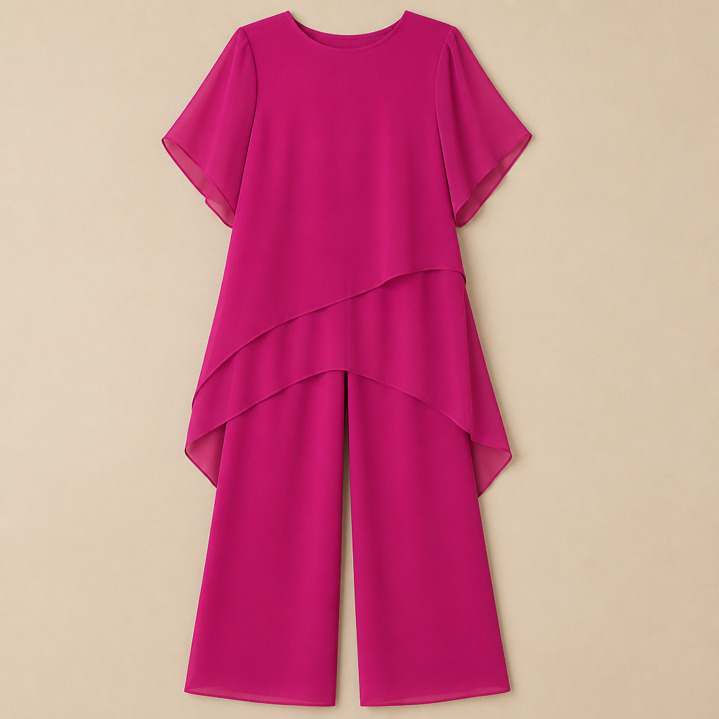 SerenLuxe™ – Elegant Chiffon Two-Piece Set with Asymmetric Layered Top