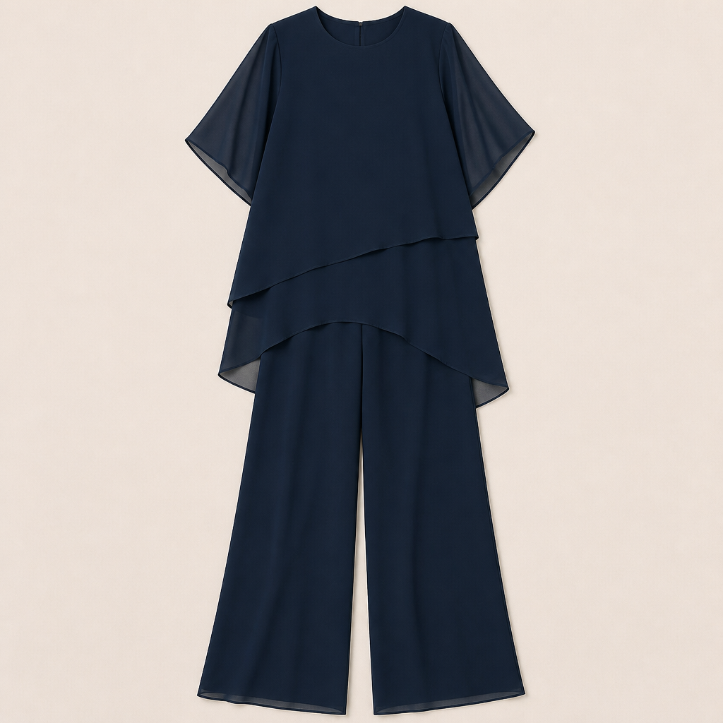 SerenLuxe™ – Elegant Chiffon Two-Piece Set with Asymmetric Layered Top